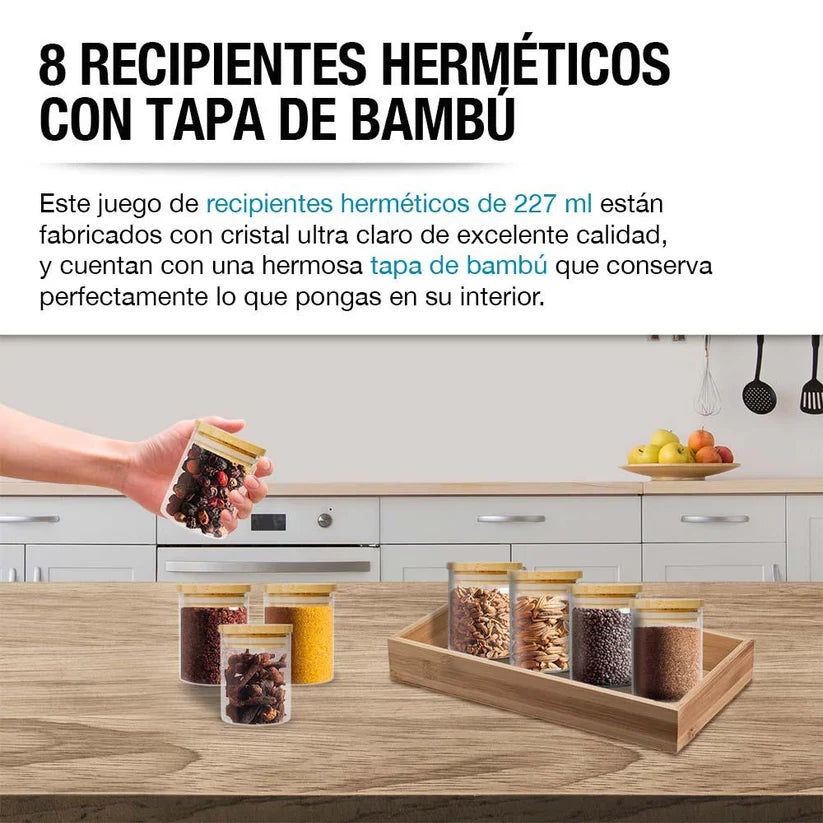 SET DE RECIPIENTES HERMÉTICOS DE VIDRIO 8 PZAS